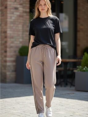 Wide Leg Pearl-Trim Lounge Pants - Light Taupe